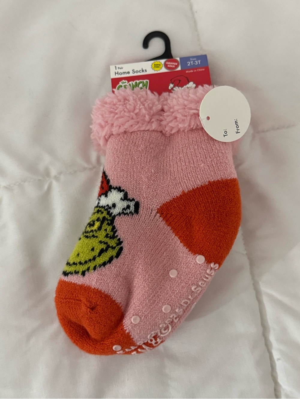 Kids Pink Grinch Fuzzy Cuff Christmas Socks